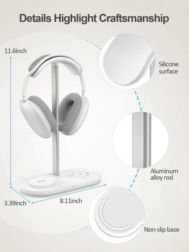 Alt view image 7 of 7 - 5 in 1 Headphone Stand for Desk with Wireless Charger & USB Charging for iPhone/AirPods/iWatch, Universal Desktop Gaming Headset Holder for Airpods Max, Bose, Beats, Razer and More, White