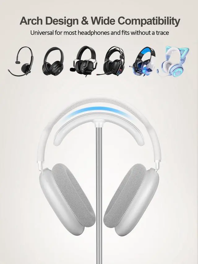 Alt view image 4 of 7 - 5 in 1 Headphone Stand for Desk with Wireless Charger & USB Charging for iPhone/AirPods/iWatch, Universal Desktop Gaming Headset Holder for Airpods Max, Bose, Beats, Razer and More, White