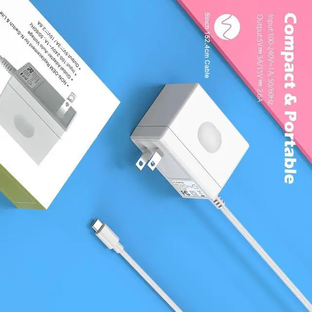 Alt view image 6 of 6 - 45W Charger for Game Console N-intendo S-Witch, AC Adapter for S-Witch - Fast Charger with 10FT USB C Cable 15V/3A Power Supply Supports TV Mode and Dock Station