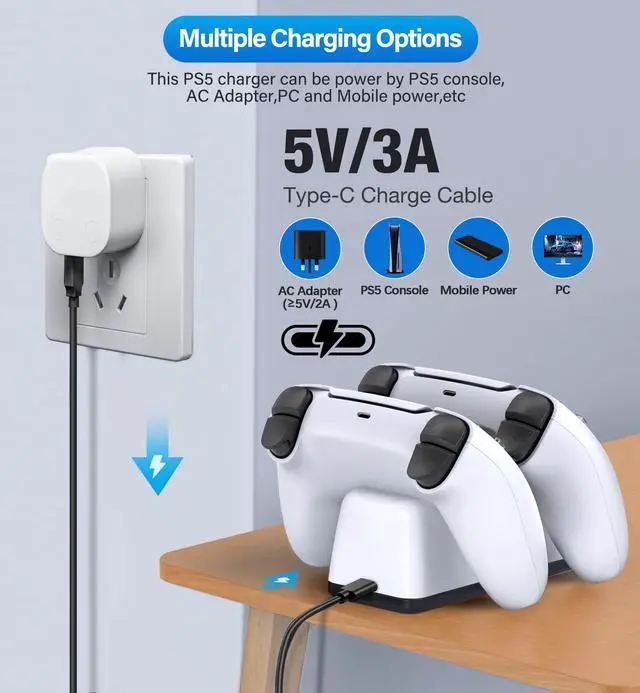 Alt view image 4 of 6 - PS5 Controller Charging Station, PlayStation 5 Dualsense Charger Dock with Dual Stand, Upgrade PS5 Charger Accessory with Fast Charge Cable, PlayStation 5 Station, White