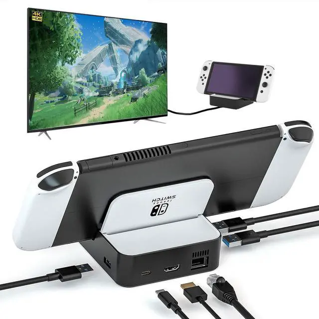 Main image of TV Docking Station for Nintendo Switch/Nintendo Switch OLED Model, 6-in-1 Switch Dock with HDMI 2.0, 100Mbps Ethernet, 2 USB-A 2.0, 1 USB 3.0,100W USB-C Charging Port, Supports YouTube On TV