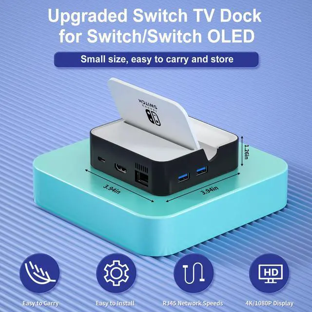 Alt view image 2 of 6 - TV Docking Station for Nintendo Switch/Nintendo Switch OLED Model, 6-in-1 Switch Dock with HDMI 2.0, 100Mbps Ethernet, 2 USB-A 2.0, 1 USB 3.0,100W USB-C Charging Port, Supports YouTube On TV