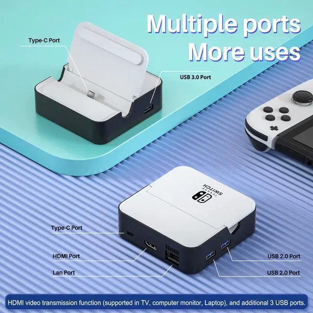 Alt view image 3 of 6 - TV Docking Station for Nintendo Switch/Nintendo Switch OLED Model, 6-in-1 Switch Dock with HDMI 2.0, 100Mbps Ethernet, 2 USB-A 2.0, 1 USB 3.0,100W USB-C Charging Port, Supports YouTube On TV