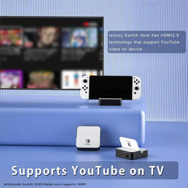Alt view image 4 of 6 - TV Docking Station for Nintendo Switch/Nintendo Switch OLED Model, 6-in-1 Switch Dock with HDMI 2.0, 100Mbps Ethernet, 2 USB-A 2.0, 1 USB 3.0,100W USB-C Charging Port, Supports YouTube On TV