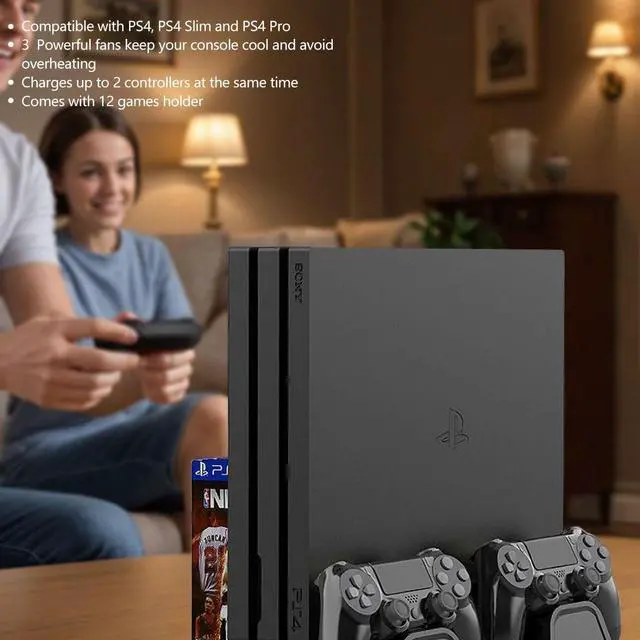 Alt view image 3 of 7 - Vertical Stand for PS4/PS4 Slim/PS4 Pro - Cooling Fan with PS4 Charger Controller Charging Station with Game Storage (Black)