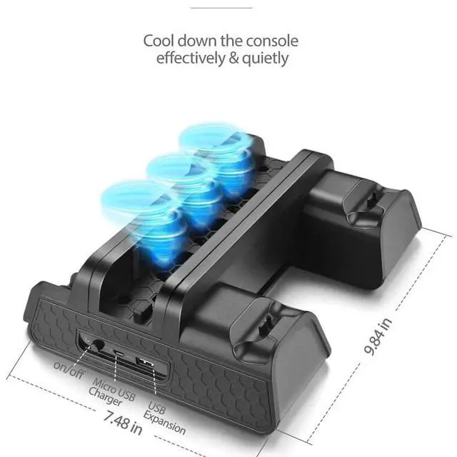 Alt view image 4 of 7 - Vertical Stand for PS4/PS4 Slim/PS4 Pro - Cooling Fan with PS4 Charger Controller Charging Station with Game Storage (Black)