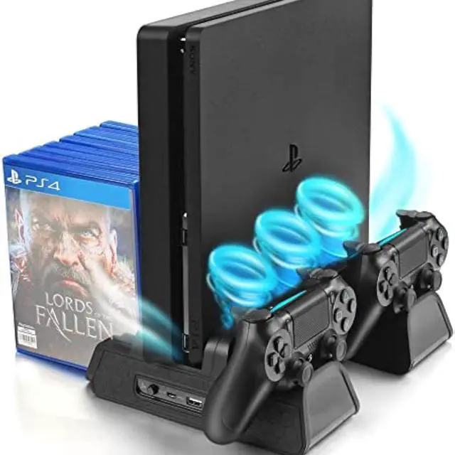 Main image of Vertical Stand for PS4/PS4 Slim/PS4 Pro - Cooling Fan with PS4 Charger Controller Charging Station with Game Storage (Black)