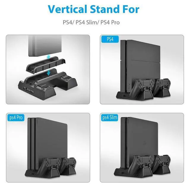 Alt view image 6 of 7 - Vertical Stand for PS4/PS4 Slim/PS4 Pro - Cooling Fan with PS4 Charger Controller Charging Station with Game Storage (Black)