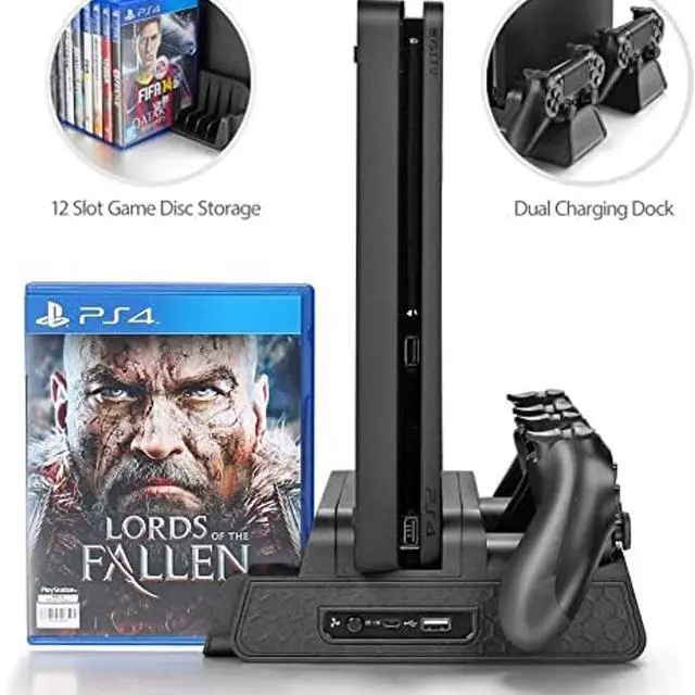 Alt view image 7 of 7 - Vertical Stand for PS4/PS4 Slim/PS4 Pro - Cooling Fan with PS4 Charger Controller Charging Station with Game Storage (Black)