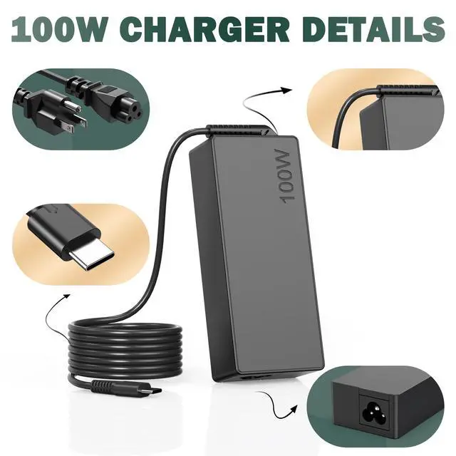 Alt view image 3 of 7 - 100W USB C Laptop Charger Universal Compatible with Lenovo Thinkpad Yoga Chromebook, Mac Book, HP, Dell, Acer, Asus, Samsung, Google and All USB Type C Devices, Fast Adapter Power Cord Supply