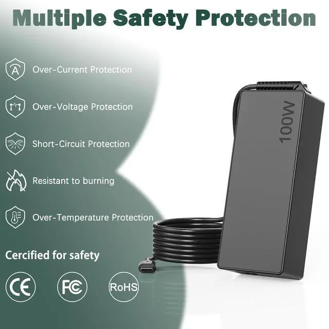 Alt view image 6 of 7 - 100W USB C Laptop Charger Universal Compatible with Lenovo Thinkpad Yoga Chromebook, Mac Book, HP, Dell, Acer, Asus, Samsung, Google and All USB Type C Devices, Fast Adapter Power Cord Supply