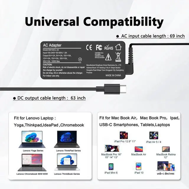 Alt view image 4 of 7 - 100W Universal USB C Laptop Charger Compatible with Mac Book Pro/Air 16, 15, 14, 13 Inch,iPad Pro,Lenovo Thinkpad/Chromebook/IdeaPad Yoga,HP,Dell,Acer,Asus, All USB-C Devices