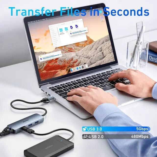 Alt view image 5 of 7 - USB-C to Gigabit Ethernet Adapter with 3-Port USB 3.0 Hub, RJ45 Network Adapter Compatible with MacBook Pro/Air, iPad Pro, iMac, Galaxy S23, XPS 17, Surface Book 3