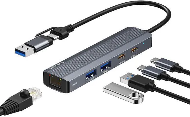 Main image of USB Hub with Ethernet, USB C to Ethernet Adapter with 2X USB 3.0, USB C 3.0, Gigabit Rj45 Port, Plug and Play, Multiport Network Adapter for Laptop MacBook iPad XPS Windows