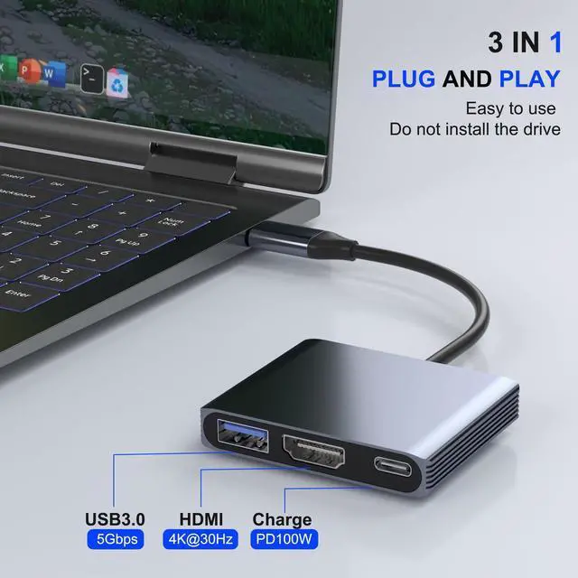 Alt view image 2 of 7 - USB C to HDMI Adapter, 3-in-1 Digital AV Multiport Adapter with 4K HDMI Output, 100W PD & USB 3.0 Port, USB C Dongle Compatible for MacBook Pro, MacBook Air, iPad Pro, iPhone 15Pro/16, Dell, HP