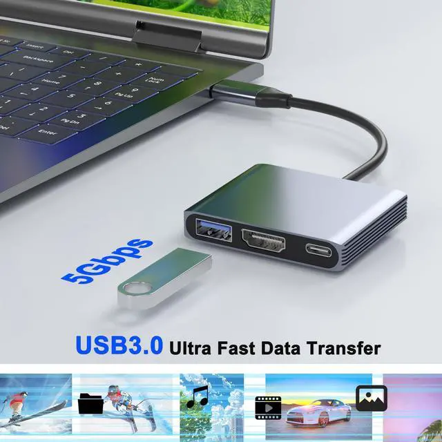 Alt view image 7 of 7 - USB C to HDMI Adapter, 3-in-1 Digital AV Multiport Adapter with 4K HDMI Output, 100W PD & USB 3.0 Port, USB C Dongle Compatible for MacBook Pro, MacBook Air, iPad Pro, iPhone 15Pro/16, Dell, HP