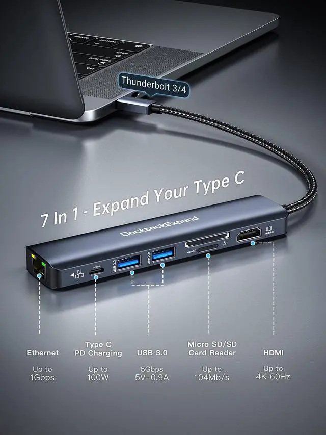 Alt view image 2 of 7 - USB C Hub Multiport Adapter, DockteckExpand 7-in-1 Type C Hub with 4K 60Hz HDMI,1Gbps Ethernet,100W PD,2 USB 3.0 Ports,SD/TF Card Slots for MacBook Pro, MacBook Air, iPad Pro, Surface, Steam Deck