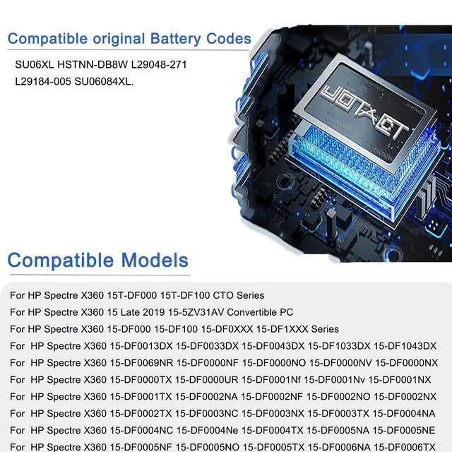 Alt view image 3 of 6 - SU06XL 84.08Wh L29184-005 Laptop Battery Compatible with HP Spectre X360 15-DF0XXX 15T-DF100 15-DF0013DX 15-DF0043DX 15-DF0070NR 15-DF0033DX 15-DF1033DX 15-DF1043DX Series L29048-271 HSTNN-DB8W 11.55V