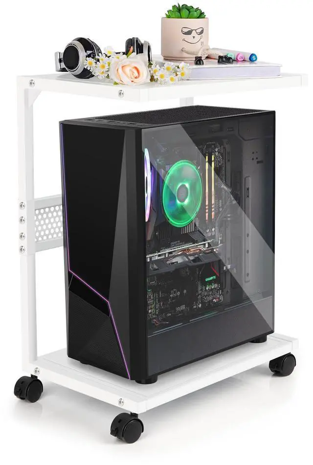 Main image of PC Stand Computer Tower Stand 2-Tier Metal CPU Holder with Locking Caster Wheels Suitable for Most PC (S,White)
