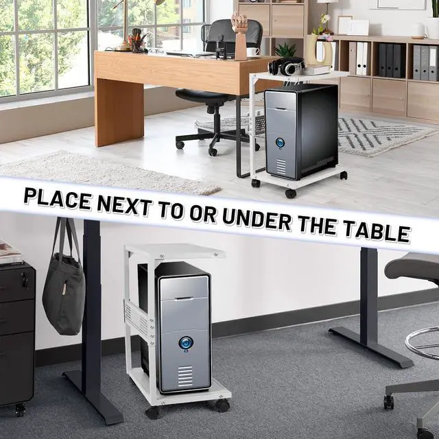 Alt view image 4 of 7 - PC Stand Computer Tower Stand 2-Tier Metal CPU Holder with Locking Caster Wheels Suitable for Most PC (S,White)