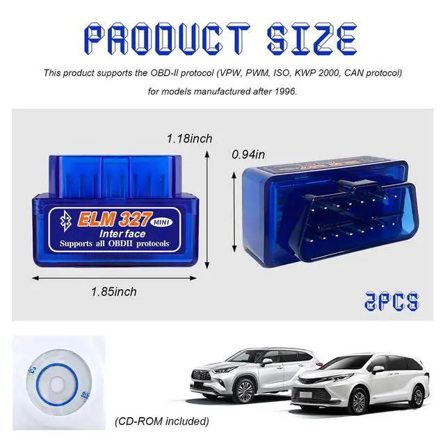 Alt view image 2 of 5 - 2 PCS ELM327 OBDII Car Auto Diagnostic Scanner, Mini ELM327 Interface Bluetooth Engine Fault Code Reader, Professional Wireless Failure Detector Compatible with OBD2 Vehicles