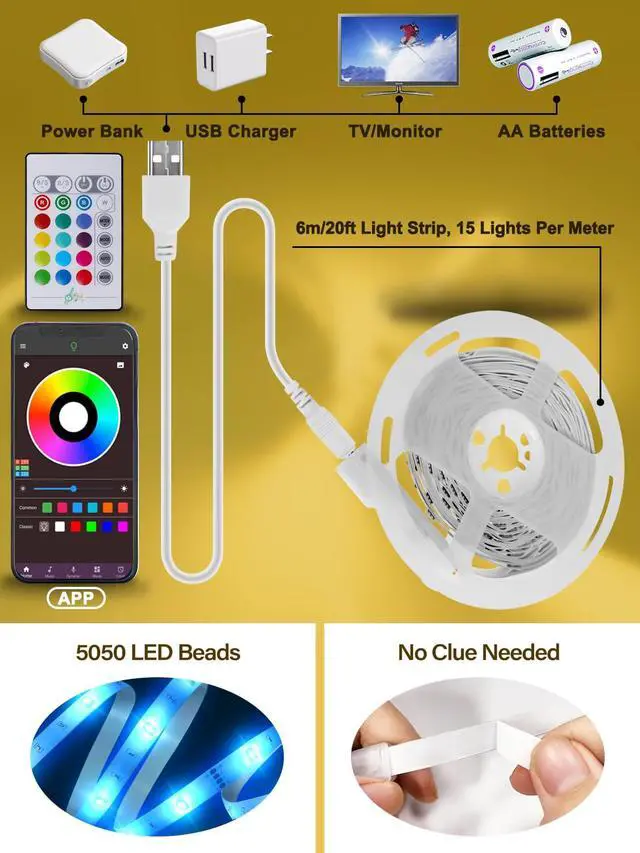 Alt view image 6 of 6 - Led Lights for TV, 20ft TV Backlight for 32-80 Inch, USB Light Strip with Remote, App Control, RGB Strip Lights Music Sync Color Changing Led Lights for Bedroom, Gaming Accessories