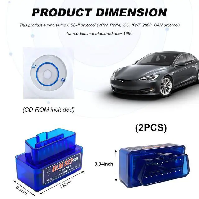 Alt view image 2 of 6 - 2 PCS ELM327 OBDII Car Auto Diagnostic Scanner, Professional Mini Bluetooth Scan Tool Engine Fault Code Reader, Wireless Failure Detector Interface Adapter for Most OBD II Vehicles