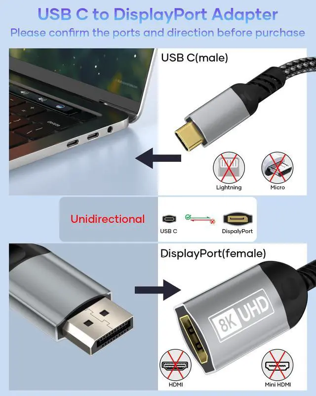 Alt view image 3 of 7 - USB C to DisplayPort Adapter, 8K Type-C Male to DisplayPort 1.4 Female, 8K@60Hz, 4K@144Hz, 4K@120Hz Dynamic HDR Thunderbolt 4/3 to Display Port for iPhone 16/15Series, MacBookPro, Galaxy S24