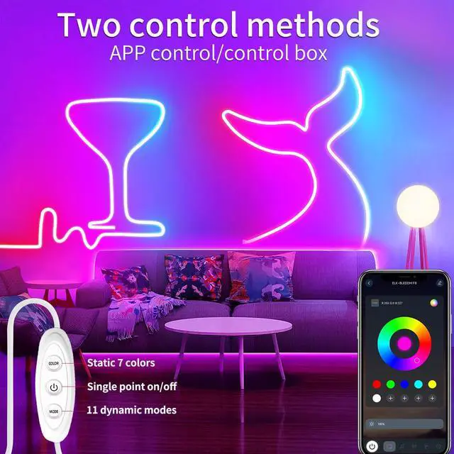 Alt view image 2 of 7 - LED Neon Lights3.3ft USB Powered LED Strip Lights5V Music Sync Color Changing Rope Light with APP ControlIP65 Waterproof RGB Rope Lights for BedroomCabinet,Kitchen, DIY Lighting