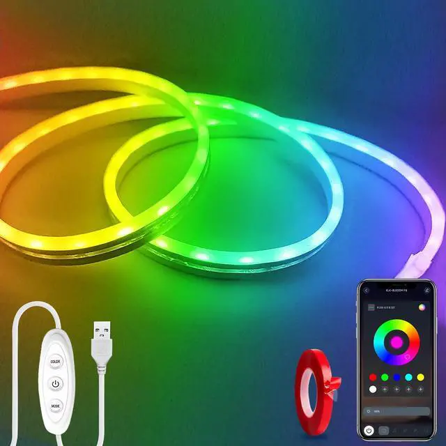 Main image of LED Neon Lights3.3ft USB Powered LED Strip Lights5V Music Sync Color Changing Rope Light with APP ControlIP65 Waterproof RGB Rope Lights for BedroomCabinet,Kitchen, DIY Lighting