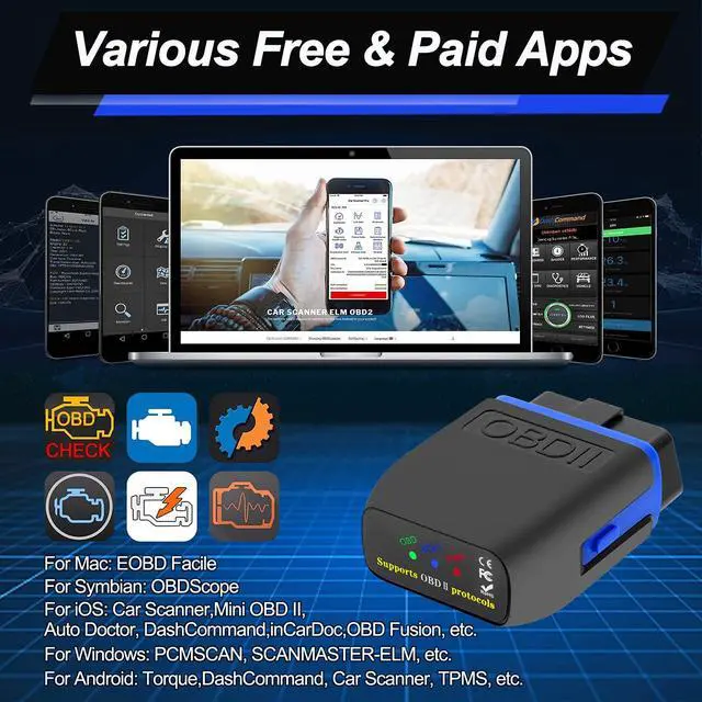 Alt view image 3 of 6 - OBD2 Bluetooth 4.0 Scanner Car Code Reader for iPhone iOS Android Windows, Auto ODB2 OBDII Adapter Diagnostic Scan Tool for Check Engine Lights