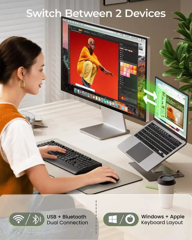 Alt view image 2 of 7 - seenda Wireless Bluetooth Keyboard and Mouse Combo, COE200 Ergonomic Wireless Keyboard Mouse with Wrist Rest, Multi-Device Connection, Full-Size, Compatible for Computer/Laptop/Mac/MacBook, Black