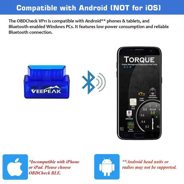 Alt view image 3 of 7 - Veepeak Mini Bluetooth OBD2 Scanner for Android Not Compatible with iOS Wireless Check Engine Light Code Reader & Diagnostic Tool