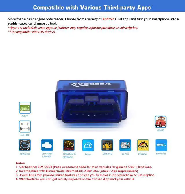 Alt view image 2 of 7 - Veepeak Mini Bluetooth OBD2 Scanner for Android Not Compatible with iOS Wireless Check Engine Light Code Reader & Diagnostic Tool
