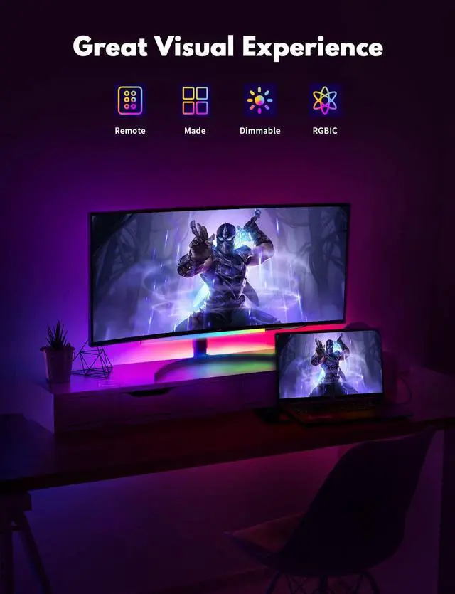 Alt view image 2 of 6 - Under Monitor RGB Light Bar, LED Light for Desk Gaming Setup, USB Powered Keyboard Light, 12 Inch 5V, 353 Color Change Modes, Wireless Remote, LED Ambient Lights for Room Decor, Desk Setup, PC