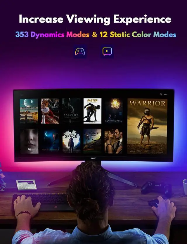 Alt view image 3 of 6 - Under Monitor RGB Light Bar, LED Light for Desk Gaming Setup, USB Powered Keyboard Light, 12 Inch 5V, 353 Color Change Modes, Wireless Remote, LED Ambient Lights for Room Decor, Desk Setup, PC