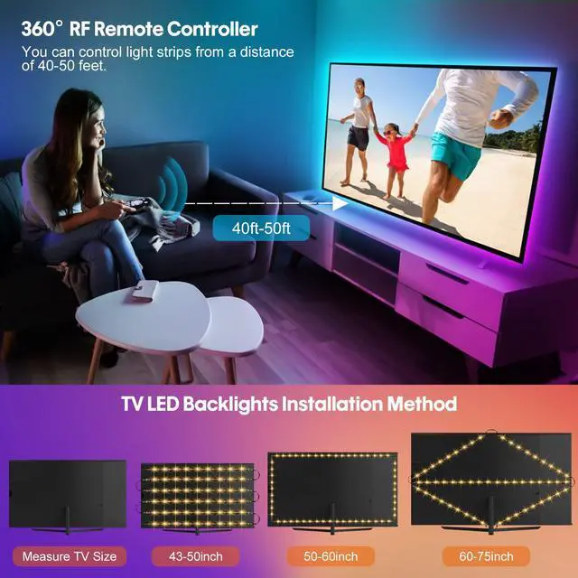 Alt view image 4 of 6 - LED Strip Lights 10ft, 6 Pre-cut 1.64ft RGB LED Lights for 43-65 Inch TV, App Control TV LED Backlight with Remote, Music Sync USB Bias Lighting LED Strip Lights for Bedroom PC Monitor Mirror Cabinet