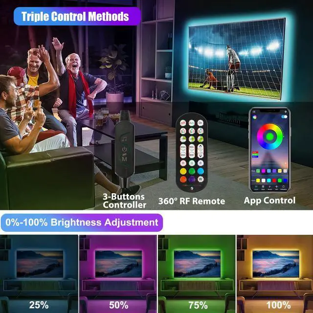 Alt view image 3 of 6 - LED Strip Lights 10ft, 6 Pre-cut 1.64ft RGB LED Lights for 43-65 Inch TV, App Control TV LED Backlight with Remote, Music Sync USB Bias Lighting LED Strip Lights for Bedroom PC Monitor Mirror Cabinet