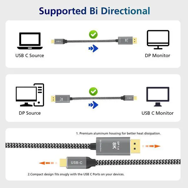 Alt view image 3 of 7 - PAKLIMCN 32.4Gbps USB C to DisplayPort 8K Cable - Bidirectional, Supports 4K 144Hz/2K 240Hz, Thunderbolt 4 Compatible, Braided, Works with iPhone, MacBook, XPS, 6 ft