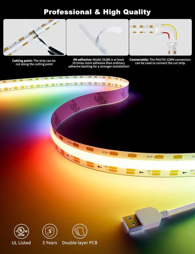 Alt view image 4 of 7 - PAUTIX RGB Smart IC USB LED Light,5V RGB COB LED Strip USB Powered,UL-Listed Multicolor Flexible Tape Light 6.56ft/2m with Music Mode/APP Control,for TV,Scooter,Computer Desk Decor