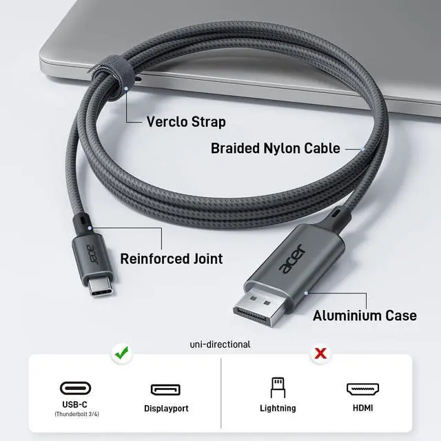 Alt view image 5 of 7 - acer USB C to DisplayPort Cable 6.6 FT (4K@60HZ 2K@165Hz), Type-C to DisplayPort Cord (Sturdy Aluminum, Plug & Play) Thunderbolt 3/4/5 Compatible with MacBook Pro/Air, iPhone 16 Pro/Max, XPS, Surface