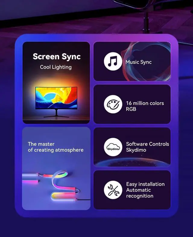 Alt view image 3 of 7 - Monitor LED Backlights for PC/Mac, LED Strip Lights That Sync with Screen Color or Music, Computer Light Bar Behind Monitor, LEDs for Desk Gaming, USB Interface, Software Control (32 in)