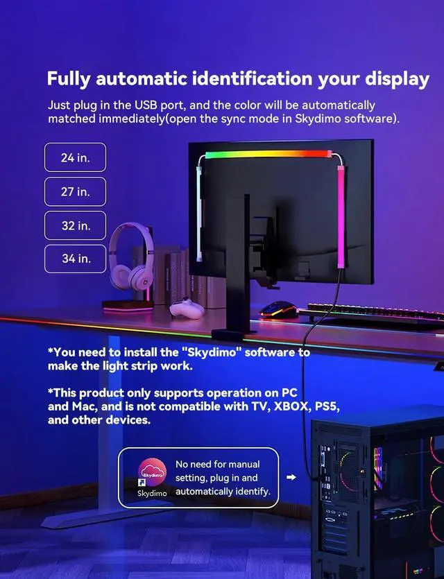 Alt view image 4 of 7 - Monitor LED Backlights for PC/Mac, LED Strip Lights That Sync with Screen Color or Music, Computer Light Bar Behind Monitor, LEDs for Desk Gaming, USB Interface, Software Control (32 in)