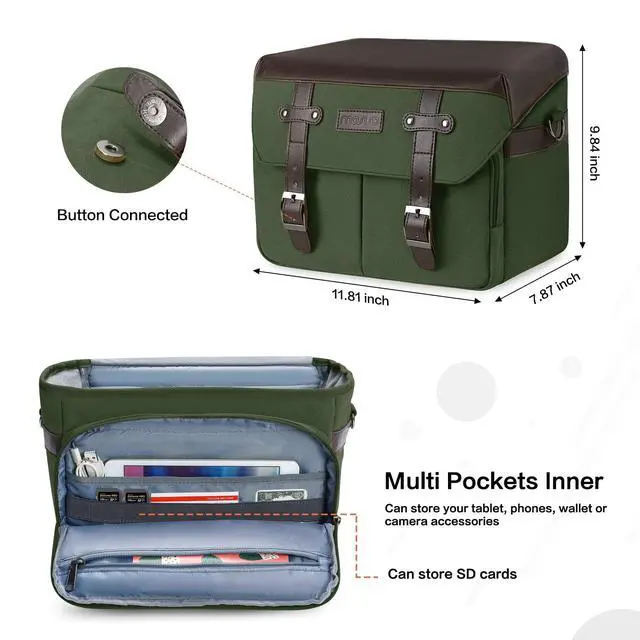 Alt view image 3 of 7 - MOSISO Camera Case Crossbody Shoulder Messenger Bag, DSLR/SLR/Mirrorless Photography Vintage PU Leather Flap Gadget Bag with Rain Cover Compatible with Canon/Nikon/Sony Camera and Lens, Army Green