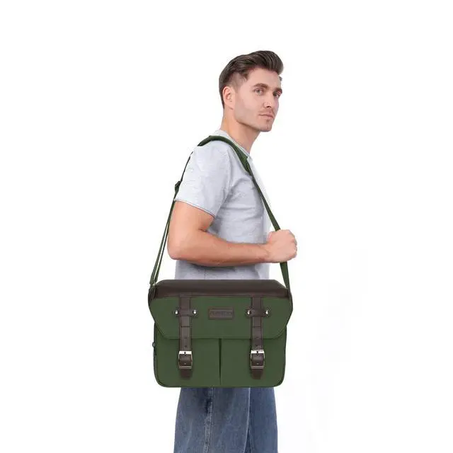 Alt view image 6 of 7 - MOSISO Camera Case Crossbody Shoulder Messenger Bag, DSLR/SLR/Mirrorless Photography Vintage PU Leather Flap Gadget Bag with Rain Cover Compatible with Canon/Nikon/Sony Camera and Lens, Army Green