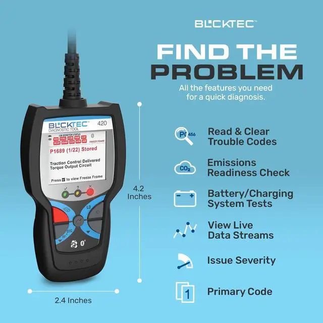 Alt view image 2 of 7 - BLCKTEC 420 Bluetooth OBD2 Scanner Diagnostic Tool - Vehicle Code Reader for Car - Clears Check Engine Light - Comes with Premium OBD App On IOS & Android - Works For All Cars 1996 & Newer