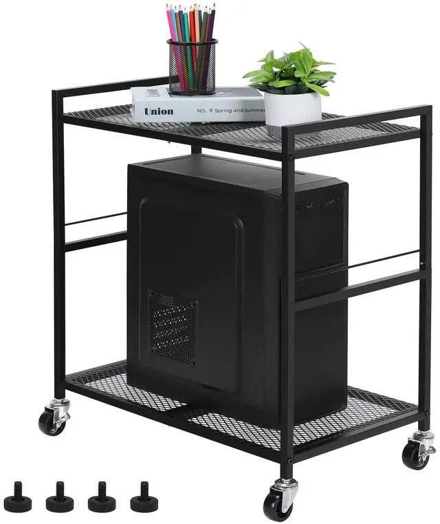 Main image of YBING Computer Tower Stand, PC Tower Stand Metal Mobile CPU Holder Stand Cart with Caster Wheels 2 Tier Rolling Printer Cart Under Desk for Fax Home Office Black