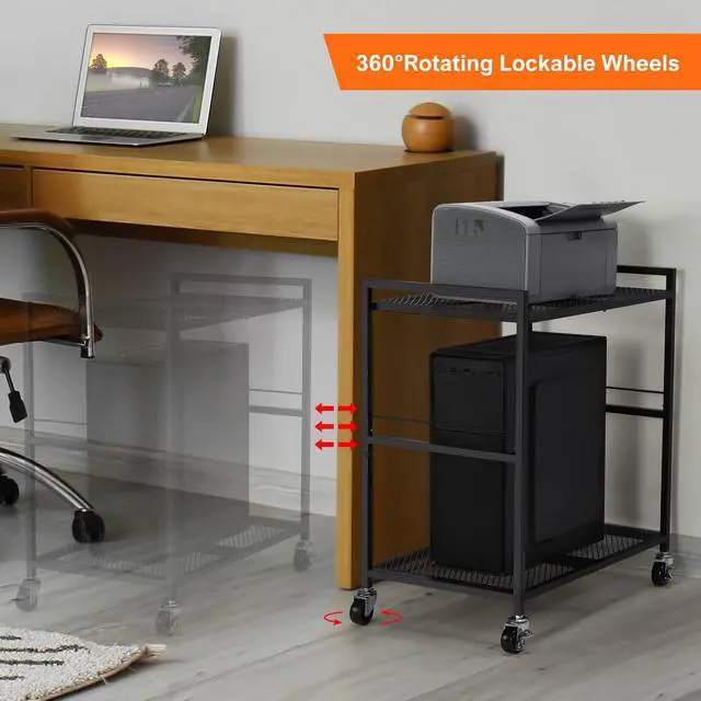 Alt view image 2 of 7 - YBING Computer Tower Stand, PC Tower Stand Metal Mobile CPU Holder Stand Cart with Caster Wheels 2 Tier Rolling Printer Cart Under Desk for Fax Home Office Black