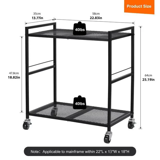 Alt view image 5 of 7 - YBING Computer Tower Stand, PC Tower Stand Metal Mobile CPU Holder Stand Cart with Caster Wheels 2 Tier Rolling Printer Cart Under Desk for Fax Home Office Black