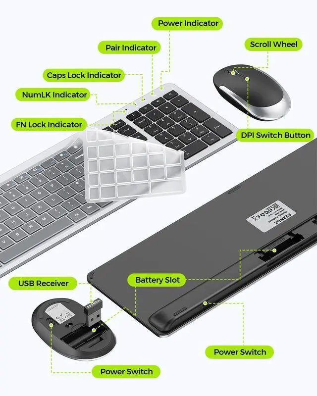 Alt view image 6 of 7 - seenda Wireless Keyboard and Mouse Combo Full Size Slim Thin Wireless Keyboard Mouse with On/Off Switch on Both Keyboard and Mouse - (Black and Silver)